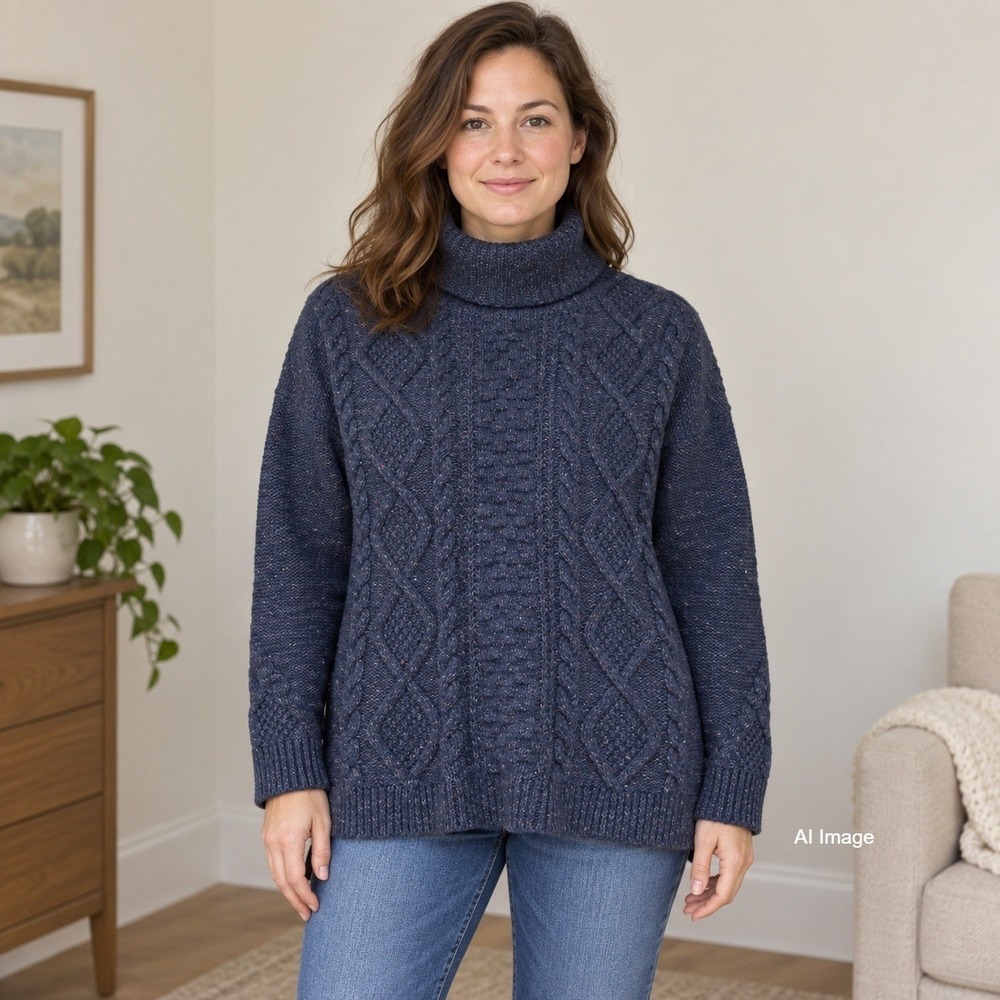 Lands End Navy Blue Cable Knit Turtleneck Sweater Large Cozy Comfort